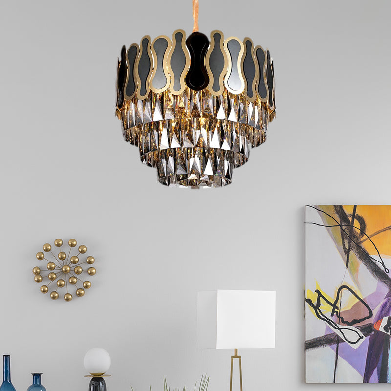 Metal and Crystal Tiered Hanging Light Fixture Modern 8/11 Lights Black Chandelier Light, 18"/23.5" Wide Clearhalo 'Ceiling Lights' 'Chandeliers' 'Modern Chandeliers' 'Modern' Lighting' 215158