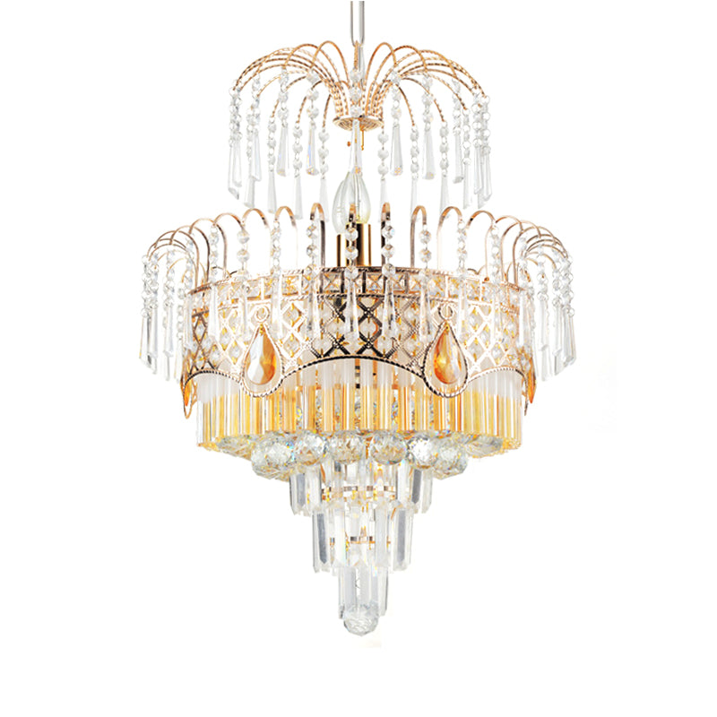 3/7 Lights Dining Room Ceiling Lamp with Layered Crystal Shade Modern Gold Chandelier Light, 18"/19.5" Wide Clearhalo 'Ceiling Lights' 'Chandeliers' 'Modern Chandeliers' 'Modern' Lighting' 215183