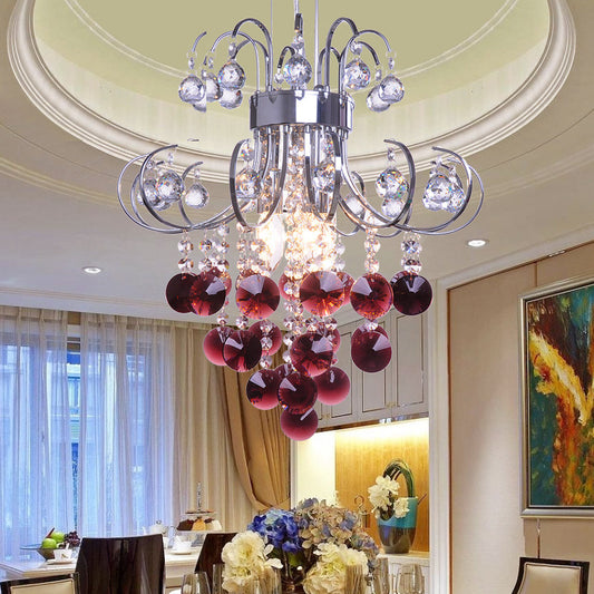 Bent Arm Frame Ceiling Light Fixture Modern Red Crystal 3 Lights Chrome Chandelier Light Chrome Clearhalo 'Ceiling Lights' 'Chandeliers' 'Modern Chandeliers' 'Modern' Lighting' 215191