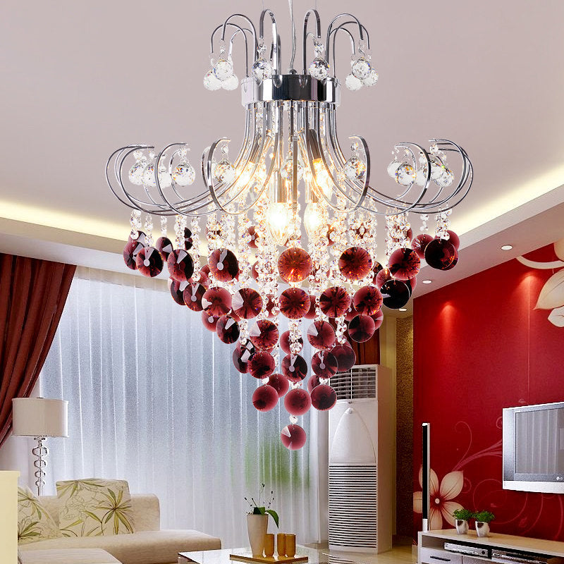 Bent Arm Frame Ceiling Light Fixture Modern Red Crystal 3 Lights Chrome Chandelier Light Clearhalo 'Ceiling Lights' 'Chandeliers' 'Modern Chandeliers' 'Modern' Lighting' 215192