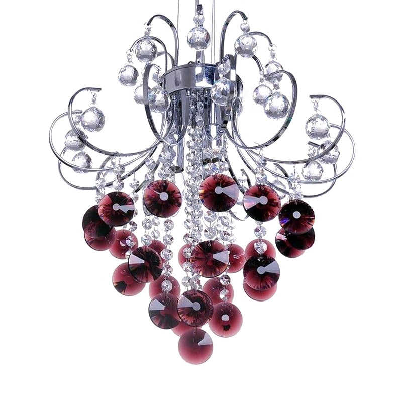 Bent Arm Frame Ceiling Light Fixture Modern Red Crystal 3 Lights Chrome Chandelier Light Clearhalo 'Ceiling Lights' 'Chandeliers' 'Modern Chandeliers' 'Modern' Lighting' 215193