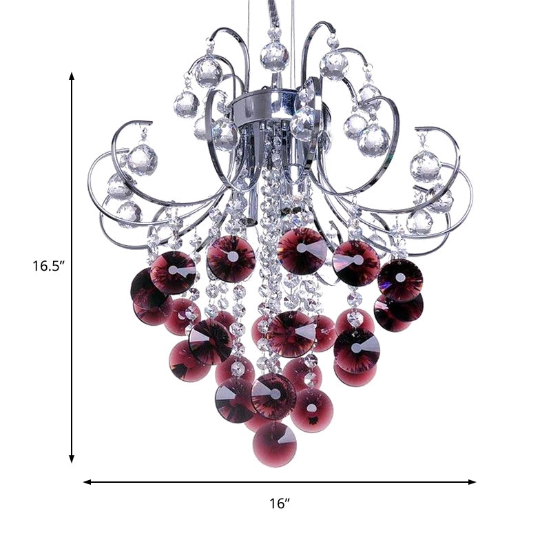 Bent Arm Frame Ceiling Light Fixture Modern Red Crystal 3 Lights Chrome Chandelier Light Clearhalo 'Ceiling Lights' 'Chandeliers' 'Modern Chandeliers' 'Modern' Lighting' 215194