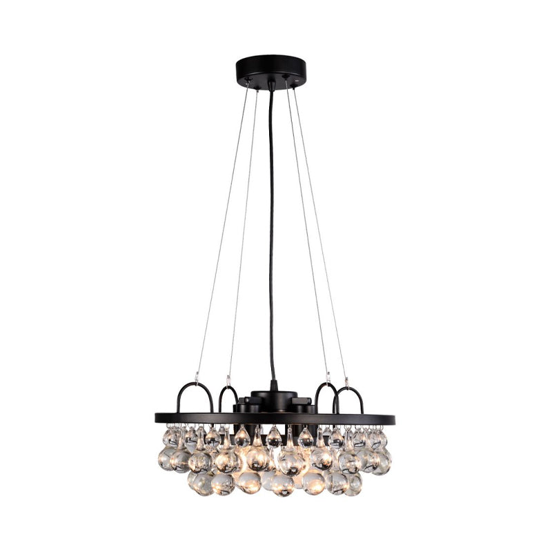 Black Round Hanging Light Fixture Vintage 4 Lights Metal Chandelier Light with Waterdrop Crystal Drop Clearhalo 'Ceiling Lights' 'Chandeliers' 'Glass shade' 'Glass' 'Modern Chandeliers' 'Modern' Lighting' 215202