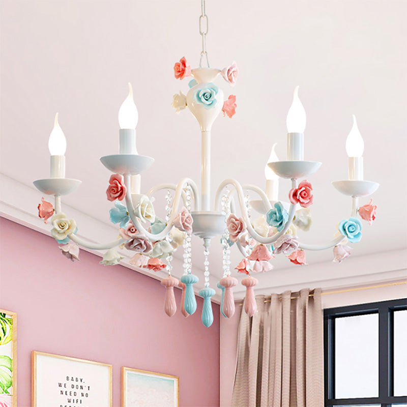 Candle Chandelier Lamp Modernism Ceramic 3/6 Lights White Finish Chandelier Pendant Light with Rose Decoration 6 White Clearhalo 'Ceiling Lights' 'Chandeliers' Lighting' options 215209_9d5ac6d8-824b-4b47-ad69-1dddcaf85473