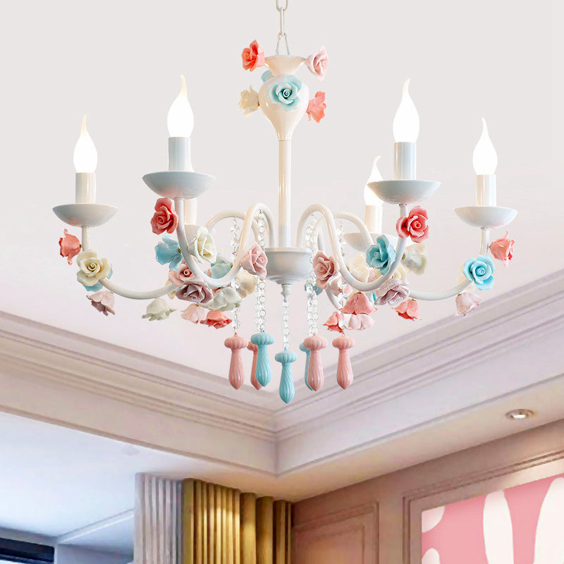 Candle Chandelier Lamp Modernism Ceramic 3/6 Lights White Finish Chandelier Pendant Light with Rose Decoration Clearhalo 'Ceiling Lights' 'Chandeliers' Lighting' options 215210