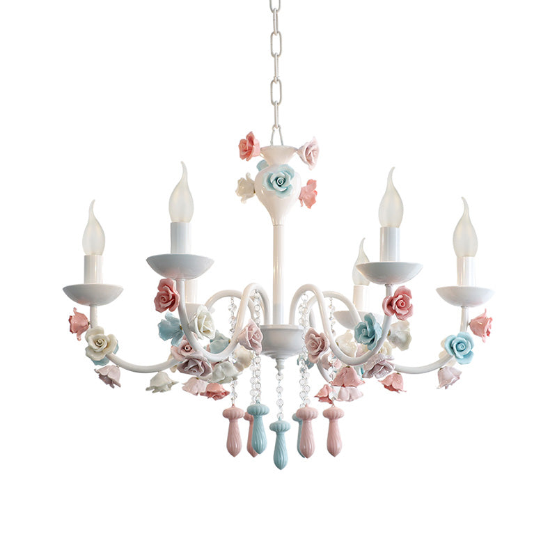 Candle Chandelier Lamp Modernism Ceramic 3/6 Lights White Finish Chandelier Pendant Light with Rose Decoration Clearhalo 'Ceiling Lights' 'Chandeliers' Lighting' options 215211