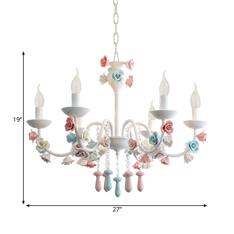 Candle Chandelier Lamp Modernism Ceramic 3/6 Lights White Finish Chandelier Pendant Light with Rose Decoration Clearhalo 'Ceiling Lights' 'Chandeliers' Lighting' options 215212