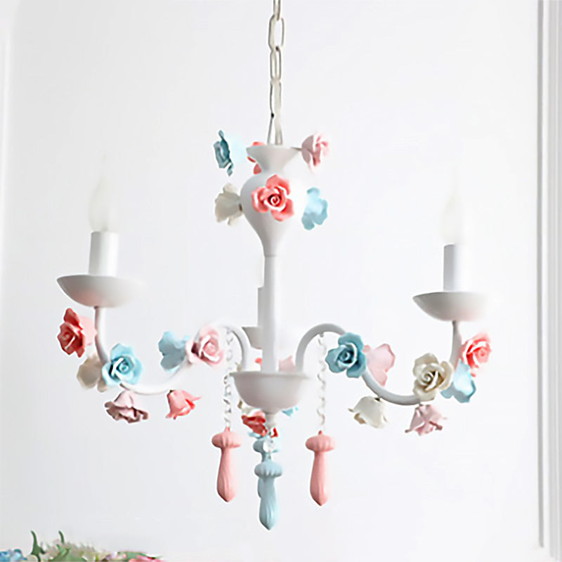 Candle Chandelier Lamp Modernism Ceramic 3/6 Lights White Finish Chandelier Pendant Light with Rose Decoration 3 White Clearhalo 'Ceiling Lights' 'Chandeliers' Lighting' options 215214_c1b588b2-6d49-4f0b-9a40-bd91d1493c01