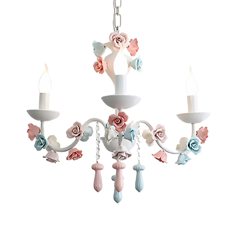 Candle Chandelier Lamp Modernism Ceramic 3/6 Lights White Finish Chandelier Pendant Light with Rose Decoration Clearhalo 'Ceiling Lights' 'Chandeliers' Lighting' options 215215