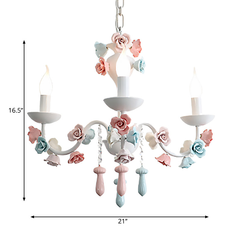 Candle Chandelier Lamp Modernism Ceramic 3/6 Lights White Finish Chandelier Pendant Light with Rose Decoration Clearhalo 'Ceiling Lights' 'Chandeliers' Lighting' options 215216