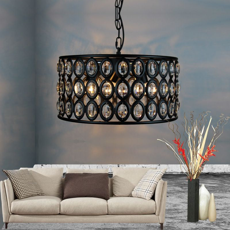 Black Drum Ceiling Lamp Vintage 3 Lights Metal and Crystal Chandelier Light for Living Room Black Clearhalo 'Ceiling Lights' 'Chandeliers' 'Glass shade' 'Glass' 'Modern Chandeliers' 'Modern' Lighting' 215235