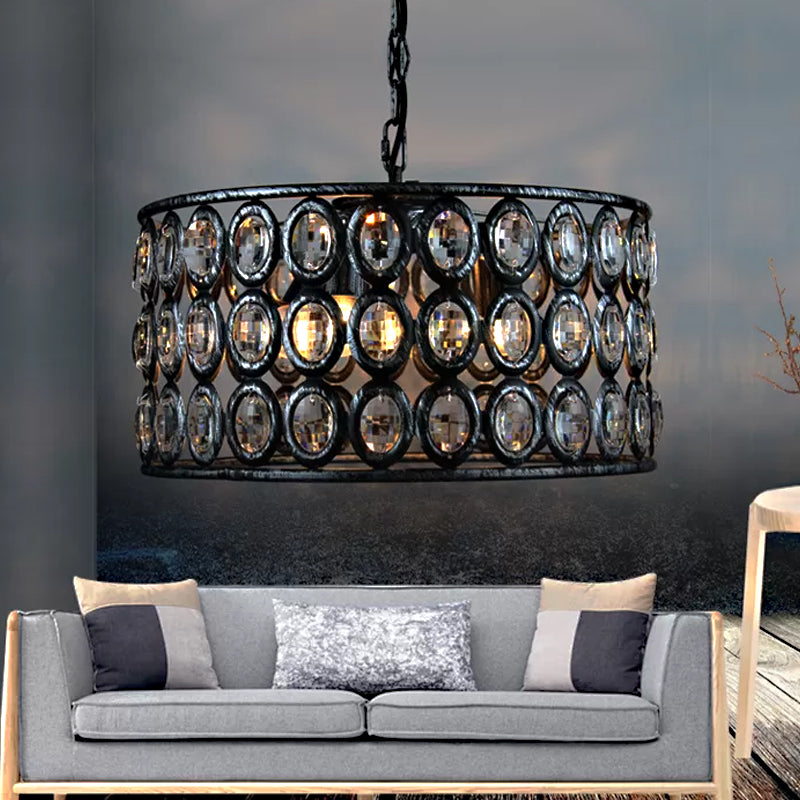 Black Drum Ceiling Lamp Vintage 3 Lights Metal and Crystal Chandelier Light for Living Room Clearhalo 'Ceiling Lights' 'Chandeliers' 'Glass shade' 'Glass' 'Modern Chandeliers' 'Modern' Lighting' 215236