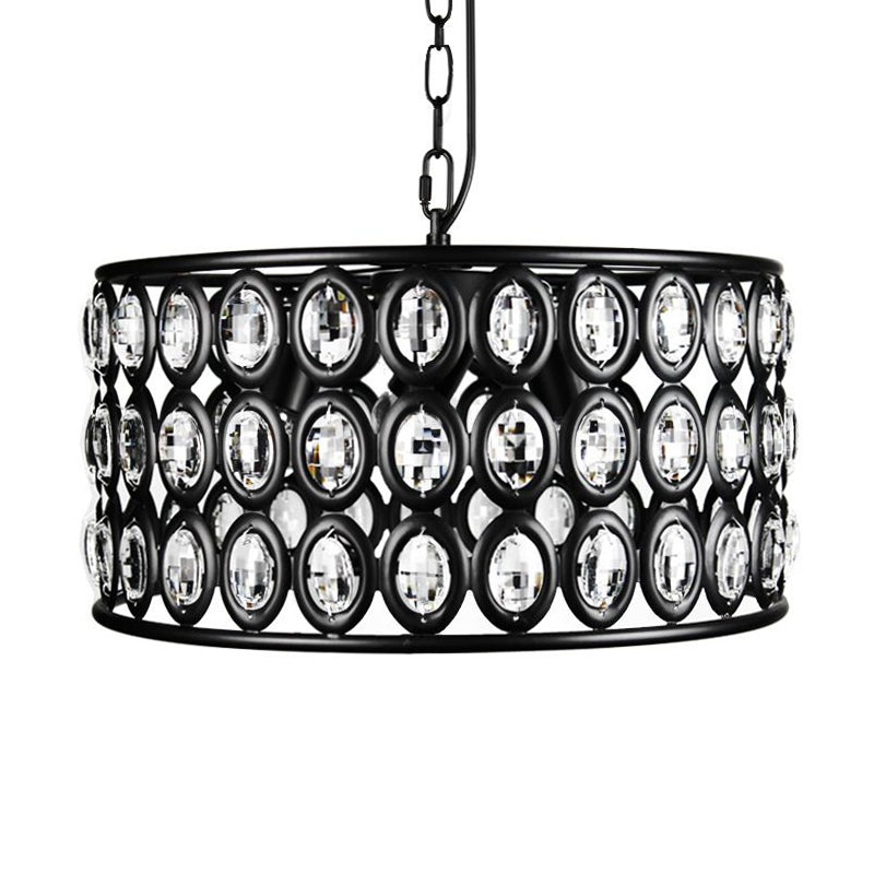 Black Drum Ceiling Lamp Vintage 3 Lights Metal and Crystal Chandelier Light for Living Room Clearhalo 'Ceiling Lights' 'Chandeliers' 'Glass shade' 'Glass' 'Modern Chandeliers' 'Modern' Lighting' 215237