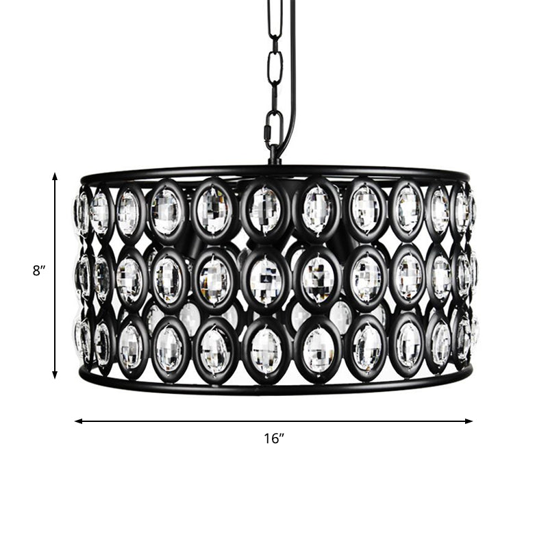 Black Drum Ceiling Lamp Vintage 3 Lights Metal and Crystal Chandelier Light for Living Room Clearhalo 'Ceiling Lights' 'Chandeliers' 'Glass shade' 'Glass' 'Modern Chandeliers' 'Modern' Lighting' 215238