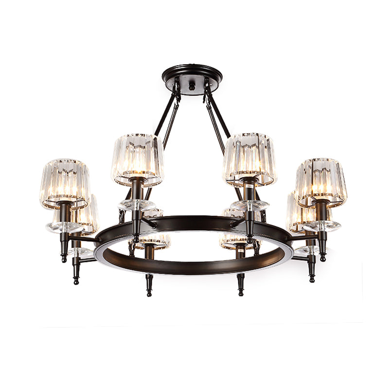 Black Barrel Hanging Light Fixture Vintage 3/6/8 Lights Metal Chandelier Light with Prismatic Glass Shade Clearhalo 'Ceiling Lights' 'Chandeliers' 'Modern Chandeliers' 'Modern' Lighting' 215253