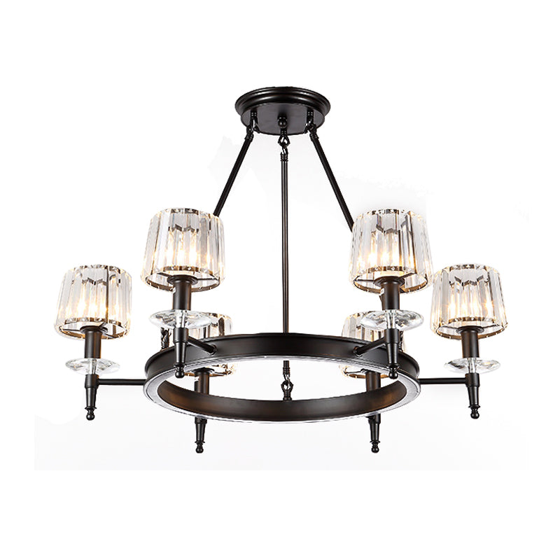 Black Barrel Hanging Light Fixture Vintage 3/6/8 Lights Metal Chandelier Light with Prismatic Glass Shade Clearhalo 'Ceiling Lights' 'Chandeliers' 'Modern Chandeliers' 'Modern' Lighting' 215256