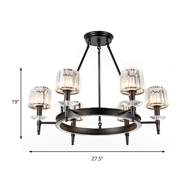 Black Barrel Hanging Light Fixture Vintage 3/6/8 Lights Metal Chandelier Light with Prismatic Glass Shade Clearhalo 'Ceiling Lights' 'Chandeliers' 'Modern Chandeliers' 'Modern' Lighting' 215257