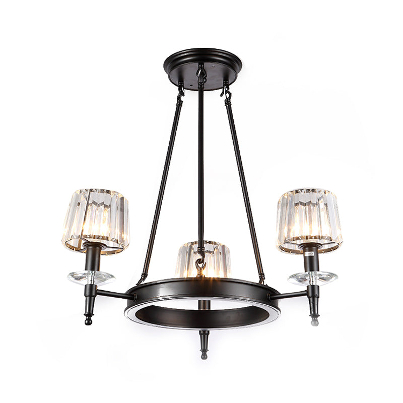 Black Barrel Hanging Light Fixture Vintage 3/6/8 Lights Metal Chandelier Light with Prismatic Glass Shade Clearhalo 'Ceiling Lights' 'Chandeliers' 'Modern Chandeliers' 'Modern' Lighting' 215259