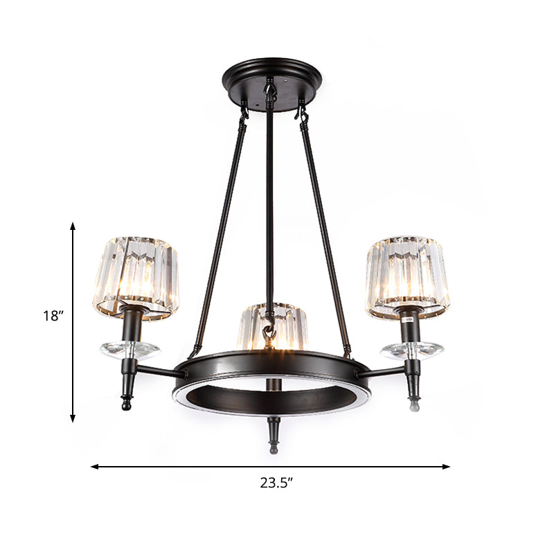 Black Barrel Hanging Light Fixture Vintage 3/6/8 Lights Metal Chandelier Light with Prismatic Glass Shade Clearhalo 'Ceiling Lights' 'Chandeliers' 'Modern Chandeliers' 'Modern' Lighting' 215260