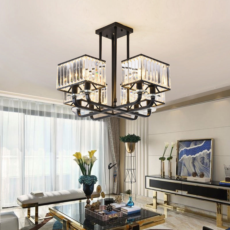 Cubic Shade Chandelier Light Vintage Prismatic Crystal 6/8 Lights Black Hanging Light for Living Room Clearhalo 'Ceiling Lights' 'Chandeliers' 'Modern Chandeliers' 'Modern' Lighting' 215261