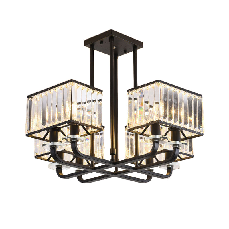 Cubic Shade Chandelier Light Vintage Prismatic Crystal 6/8 Lights Black Hanging Light for Living Room Clearhalo 'Ceiling Lights' 'Chandeliers' 'Modern Chandeliers' 'Modern' Lighting' 215263