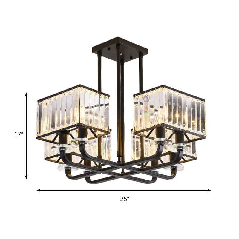 Cubic Shade Chandelier Light Vintage Prismatic Crystal 6/8 Lights Black Hanging Light for Living Room Clearhalo 'Ceiling Lights' 'Chandeliers' 'Modern Chandeliers' 'Modern' Lighting' 215264