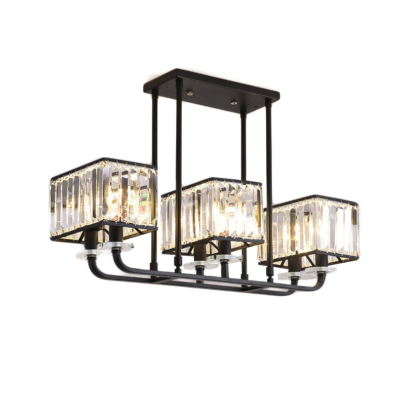 Cubic Shade Chandelier Light Vintage Prismatic Crystal 6/8 Lights Black Hanging Light for Living Room Clearhalo 'Ceiling Lights' 'Chandeliers' 'Modern Chandeliers' 'Modern' Lighting' 215267