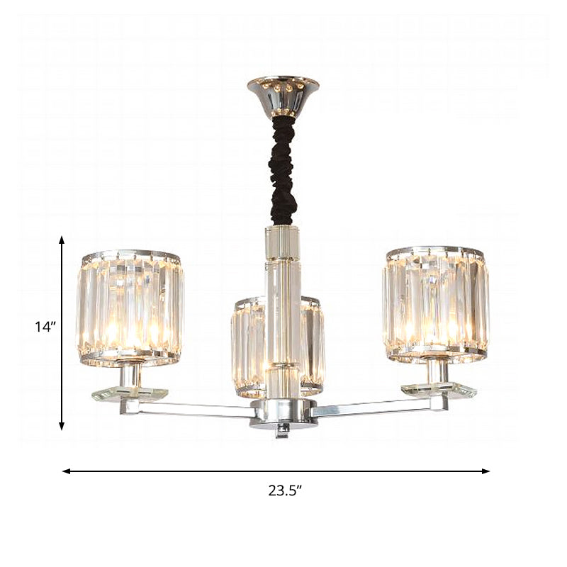 Cylinder Bedroom Chandelier Light Crystal 3/6 Lights Modern Hanging Light Fixture in Chrome Clearhalo 'Ceiling Lights' 'Chandeliers' 'Modern Chandeliers' 'Modern' Lighting' 215288