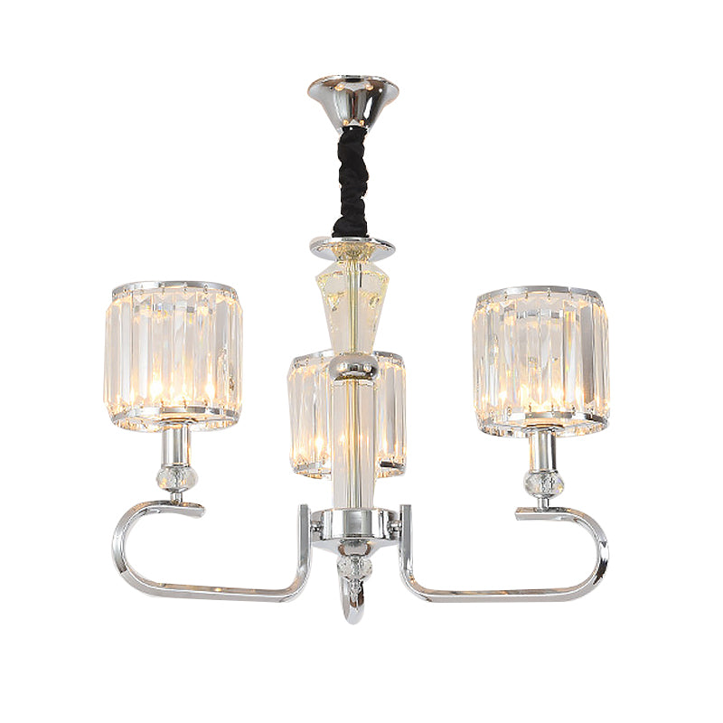 Crystal Rectangle Cylinder Hanging Ceiling Light Contemporary 3/6 Lights Chrome Chandelier Light Clearhalo 'Ceiling Lights' 'Chandeliers' 'Glass shade' 'Glass' 'Modern Chandeliers' 'Modern' Lighting' 215294