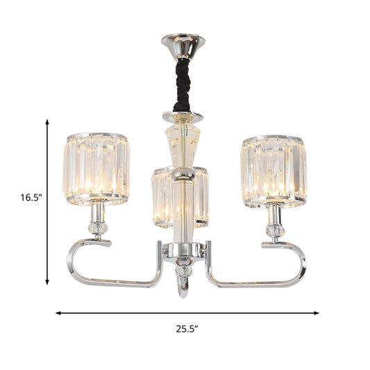 Crystal Rectangle Cylinder Hanging Ceiling Light Contemporary 3/6 Lights Chrome Chandelier Light Clearhalo 'Ceiling Lights' 'Chandeliers' 'Glass shade' 'Glass' 'Modern Chandeliers' 'Modern' Lighting' 215295