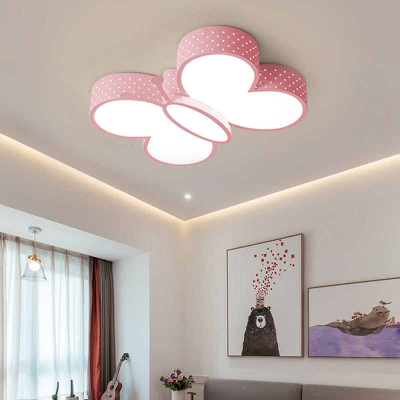 Butterfly Flush Ceiling Light Cartoon Stylish Metallic LED Blue/Pink Flush Mount Lamp in Warm/White Light for Bedroom Pink Clearhalo 'Ceiling Lights' 'Close To Ceiling Lights' 'Close to ceiling' 'Flush mount' Lighting' 215334