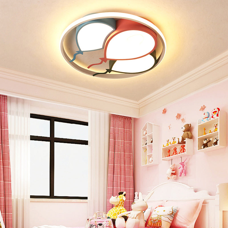 Circle Flushmount Light Kids Aluminum and Acrylic 16.5"/20.5" W LED Pink/Yellow Ceiling Lamp with Balloon Design, Warm/White Light Pink Warm Clearhalo 'Ceiling Lights' 'Close To Ceiling Lights' 'Close to ceiling' 'Flush mount' Lighting' 215342