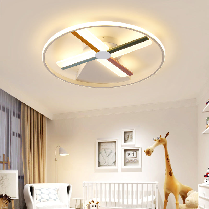 Windmill Ceiling Lighting Kids Acrylic 16.5"/20.5" W LED White Finish Flush Mount Light with Metal Ring, Warm/White Light Blue-Yellow-Green-Pink Warm Clearhalo 'Ceiling Lights' 'Close To Ceiling Lights' 'Close to ceiling' 'Flush mount' Lighting' 215367