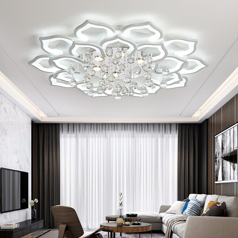 6/16/20 Lights Living Room Ceiling Light White Flush Mount Light Fixture in Warm/White Light with Floral Acrylic Shade and Crystal Drop 20 White Clearhalo 'Ceiling Lights' 'Close To Ceiling Lights' 'Close to ceiling' 'Flush mount' Lighting' 215501