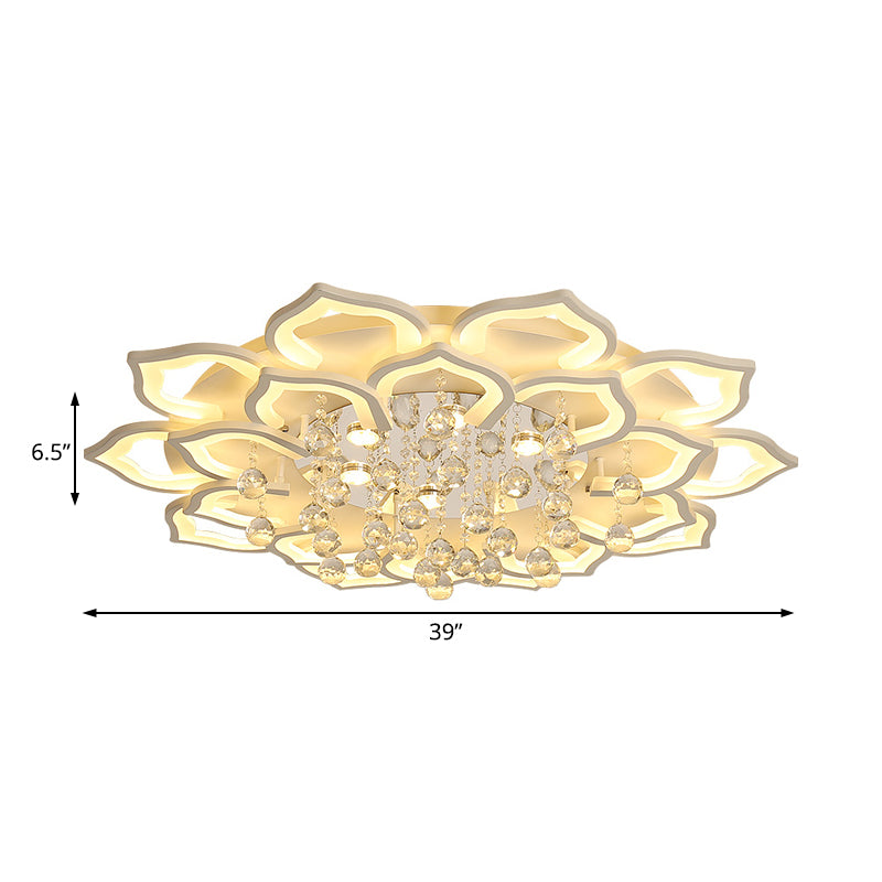 6/16/20 Lights Living Room Ceiling Light White Flush Mount Light Fixture in Warm/White Light with Floral Acrylic Shade and Crystal Drop Clearhalo 'Ceiling Lights' 'Close To Ceiling Lights' 'Close to ceiling' 'Flush mount' Lighting' 215504