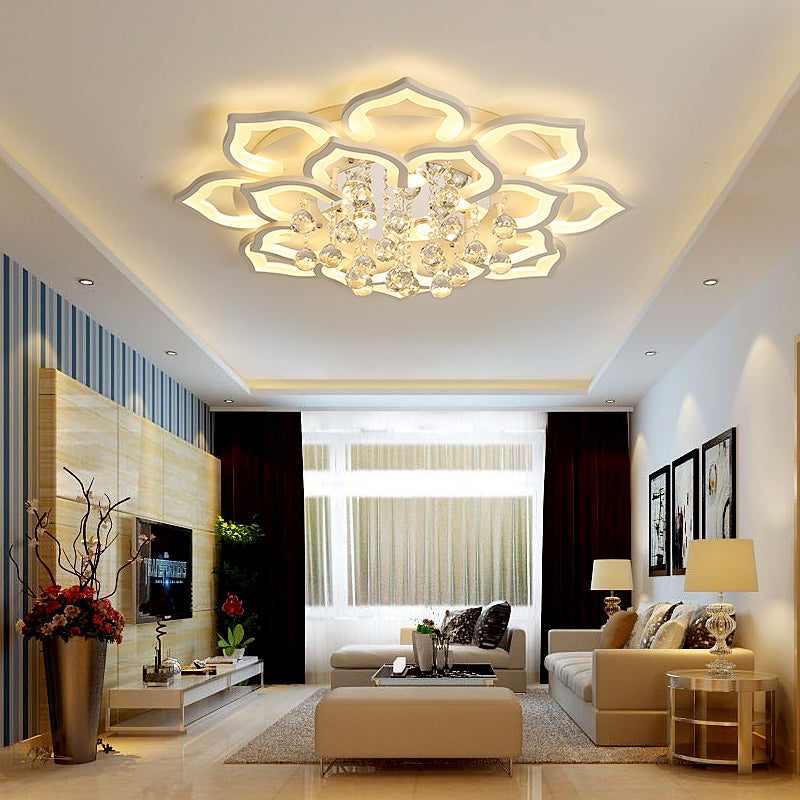 6/16/20 Lights Living Room Ceiling Light White Flush Mount Light Fixture in Warm/White Light with Floral Acrylic Shade and Crystal Drop 16 White Clearhalo 'Ceiling Lights' 'Close To Ceiling Lights' 'Close to ceiling' 'Flush mount' Lighting' 215505