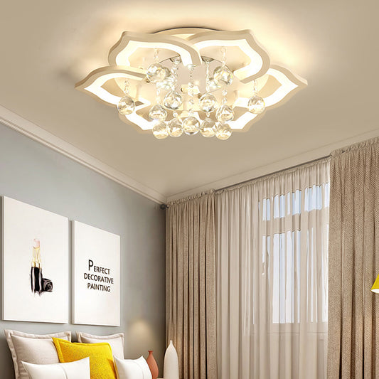 6/16/20 Lights Living Room Ceiling Light White Flush Mount Light Fixture in Warm/White Light with Floral Acrylic Shade and Crystal Drop 6 White Clearhalo 'Ceiling Lights' 'Close To Ceiling Lights' 'Close to ceiling' 'Flush mount' Lighting' 215509