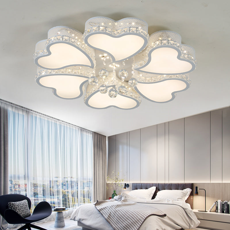 Acrylic Heart Shaped LED Flush Mount Contemporary 3/4/6 Lights Ceiling Lamp with Crystal Drop in Warm/White Light 6 White White Clearhalo 'Ceiling Lights' 'Close To Ceiling Lights' 'Close to ceiling' 'Flush mount' Lighting' 215564