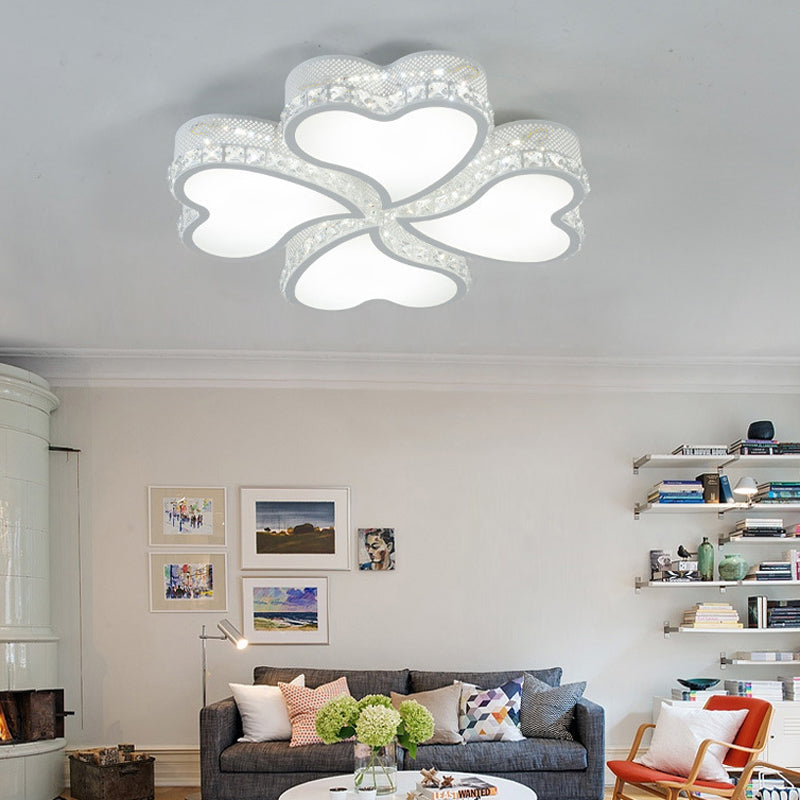 Acrylic Heart Shaped LED Flush Mount Contemporary 3/4/6 Lights Ceiling Lamp with Crystal Drop in Warm/White Light 4 White White Clearhalo 'Ceiling Lights' 'Close To Ceiling Lights' 'Close to ceiling' 'Flush mount' Lighting' 215568