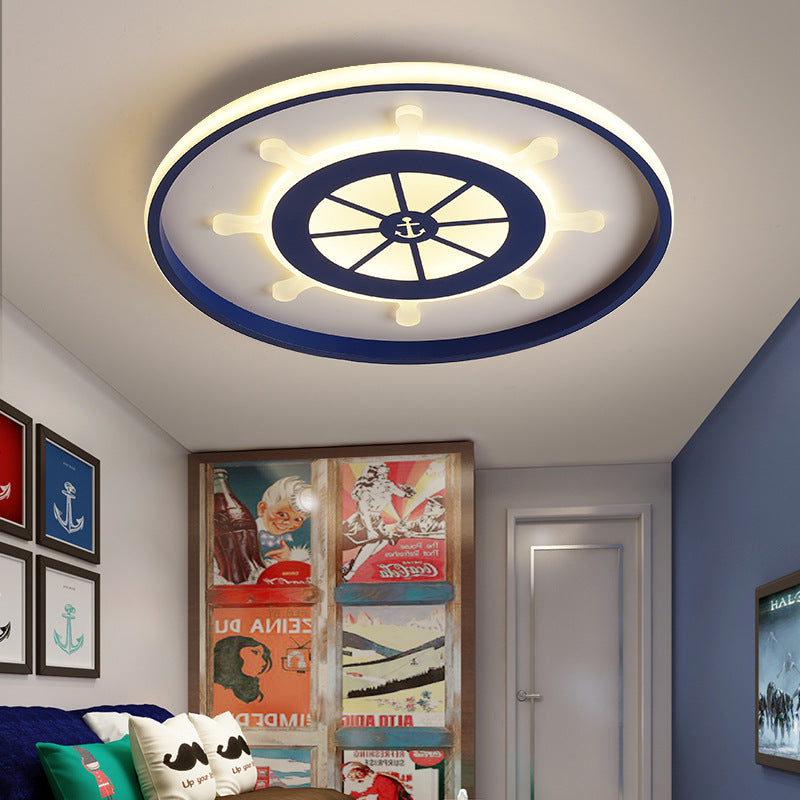 Blue Round Flush Light Fixture Kids 18"/23.5" Wide LED Acrylic Ceiling Lamp with Rudder Design, Warm/White Light Clearhalo 'Ceiling Lights' 'Close To Ceiling Lights' 'Close to ceiling' 'Flush mount' Lighting' 215950