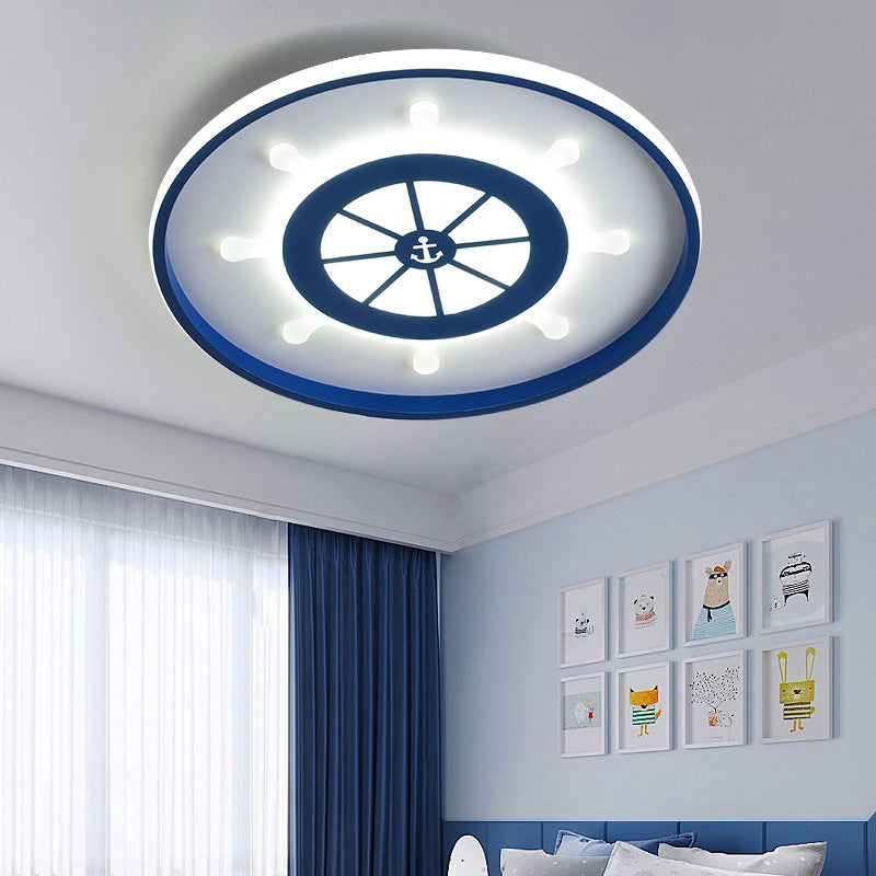 Blue Round Flush Light Fixture Kids 18"/23.5" Wide LED Acrylic Ceiling Lamp with Rudder Design, Warm/White Light Blue White Clearhalo 'Ceiling Lights' 'Close To Ceiling Lights' 'Close to ceiling' 'Flush mount' Lighting' 215951