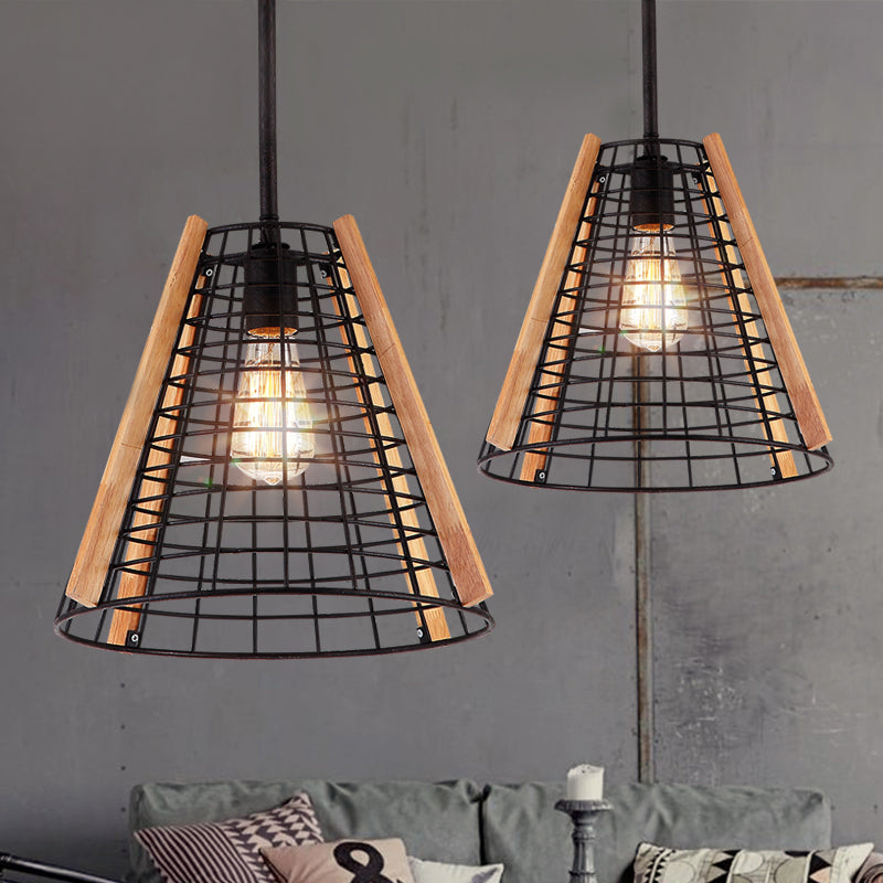 Classic Cone Pendant Lighting 1 Light Metal Hanging Light Fixture in Black with Cage Clearhalo 'Ceiling Lights' 'Pendant Lights' 'Pendants' Lighting' 216043