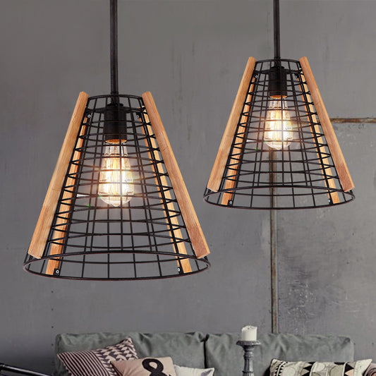 Classic Cone Pendant Lighting 1 Light Metal Hanging Light Fixture in Black with Cage Clearhalo 'Ceiling Lights' 'Pendant Lights' 'Pendants' Lighting' 216043