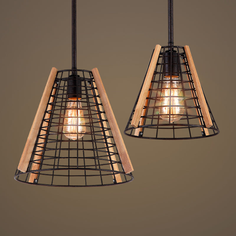 Classic Cone Pendant Lighting 1 Light Metal Hanging Light Fixture in Black with Cage Clearhalo 'Ceiling Lights' 'Pendant Lights' 'Pendants' Lighting' 216049