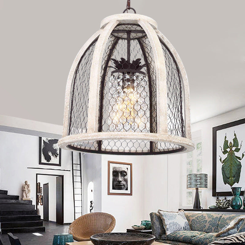 Dome Dining Room Hanging Light Kit Traditional Metal 1 Light Distressed White Pendant Lighting with Cage Distressed White Clearhalo 'Ceiling Lights' 'Pendant Lights' 'Pendants' Lighting' 216062_dc723554-cffe-4326-9021-972669e9f90d