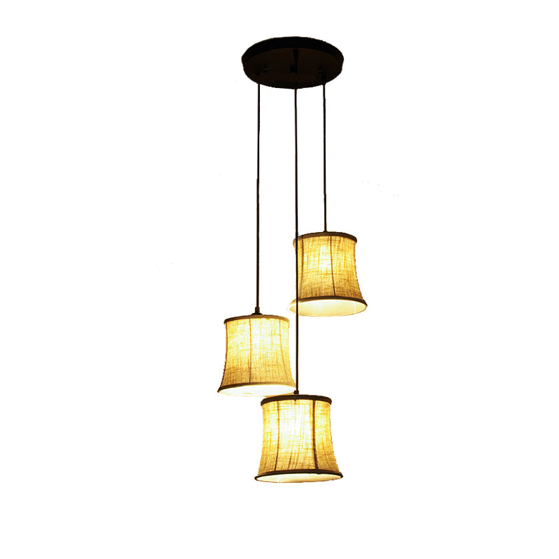 3 Lights Drum Cluster Pendant Classic Flaxen Fabric Ceiling Light with Round/Linear Canopy Clearhalo 'Ceiling Lights' 'Pendant Lights' 'Pendants' Lighting' 216098