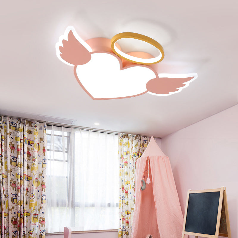 Metal Heart Shaped Flushmount Lamp Cartoon 19.5"/23.5" W LED Blue/Pink Ceiling Lighting with Acrylic Diffuser in Warm/White Light Pink White Clearhalo 'Ceiling Lights' 'Close To Ceiling Lights' 'Close to ceiling' 'Flush mount' Lighting' 216152