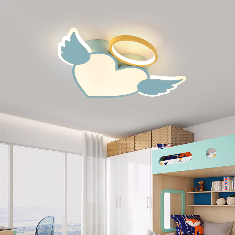 Metal Heart Shaped Flushmount Lamp Cartoon 19.5"/23.5" W LED Blue/Pink Ceiling Lighting with Acrylic Diffuser in Warm/White Light Clearhalo 'Ceiling Lights' 'Close To Ceiling Lights' 'Close to ceiling' 'Flush mount' Lighting' 216158