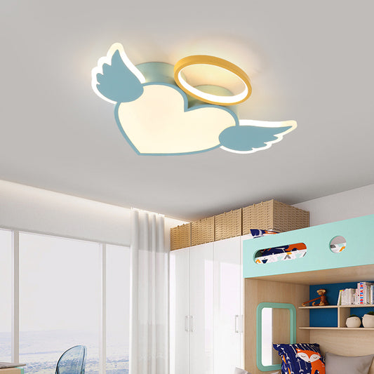 Metal Heart Shaped Flushmount Lamp Cartoon 19.5"/23.5" W LED Blue/Pink Ceiling Lighting with Acrylic Diffuser in Warm/White Light Blue White Clearhalo 'Ceiling Lights' 'Close To Ceiling Lights' 'Close to ceiling' 'Flush mount' Lighting' 216159