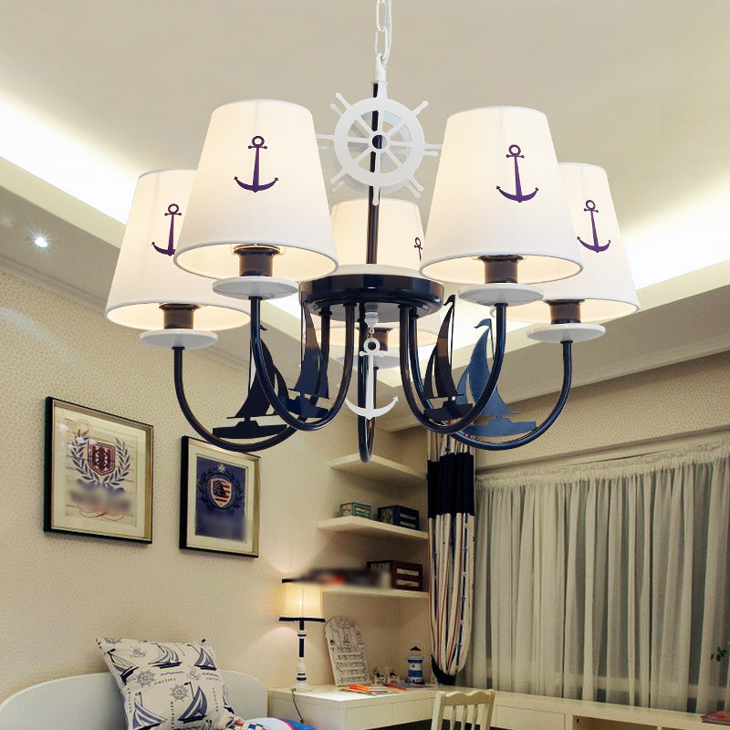 Tapered Chandelier Pendant Light Minimalist Fabric Kindergarten Hanging Light with Anchor Pattern in White Clearhalo 'Ceiling Lights' 'Chandeliers' Lighting' options 2162031